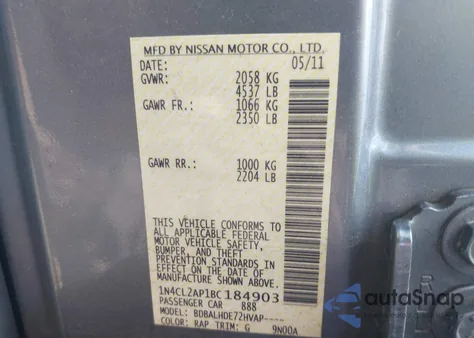 2011 Nissan Altima Hybrid Hybrid z USA, uszkodzony, nr VIN 1N4CL2AP1BC184903